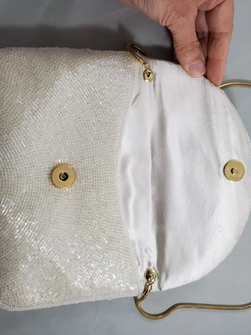 Vintage White Beaded Evening Bag Clutch Snake Chain Strap Rainbow Shimmer Beads